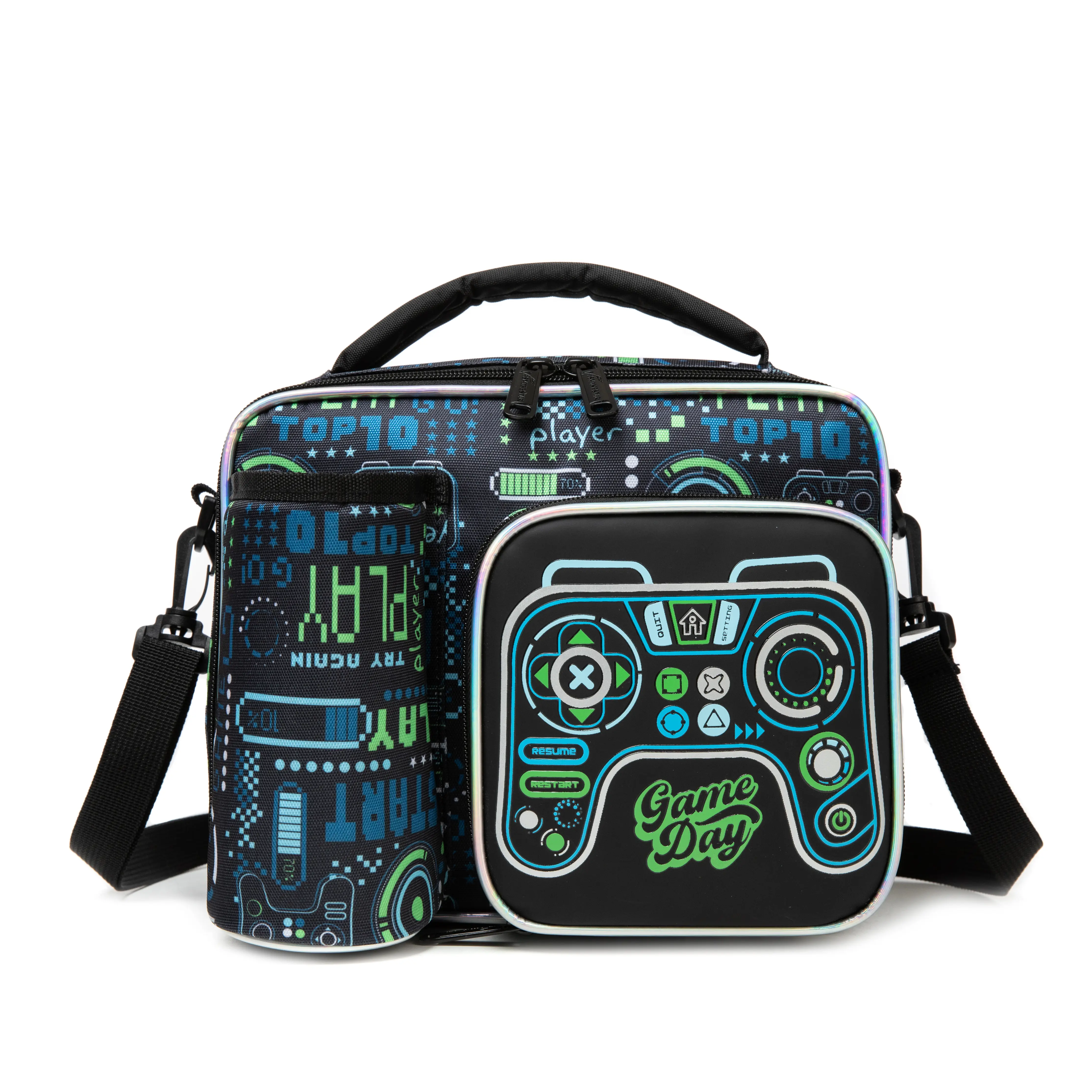 Boys' Thermal Insulated Reusable Lunch Bag for Food - Polyester Cooler Tote with Gaming Theme Game Controller Graphic, Handle and Strap for School, Picnic, Insulated Bags, Shoulder Strap, No, Game Day, Synthetic, Vibrant Game Controller Graphic