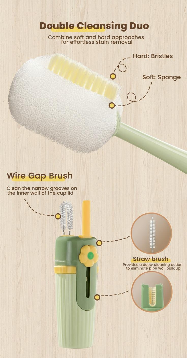 5-in-1 Multifunctional Bottle Scrubber Set – Straw Brush Included, Cleans Bottles, Cups, Straws & More (Cream White/Jasmine Green)