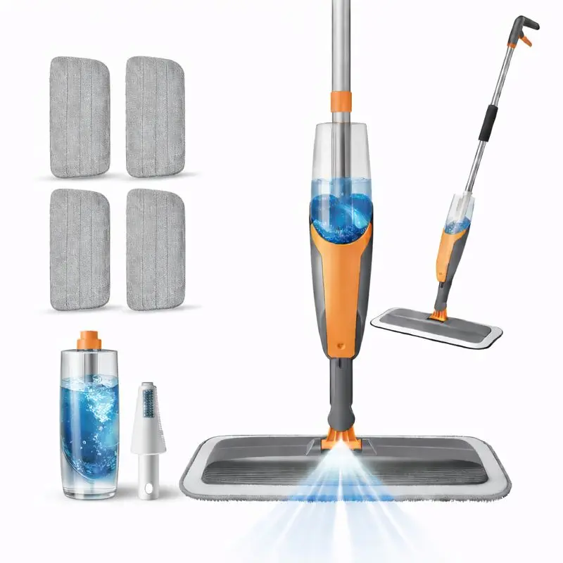 iCASA Spray Mop for Hardwood/Tile Floors, 360° Swivel Head, 4 Reusable Microfiber Pads,Refillable Bottle,Scraper,One-Handed Operation,Multi-Surface Wet/Dry Use,Lightweight Rust-Proof Pole