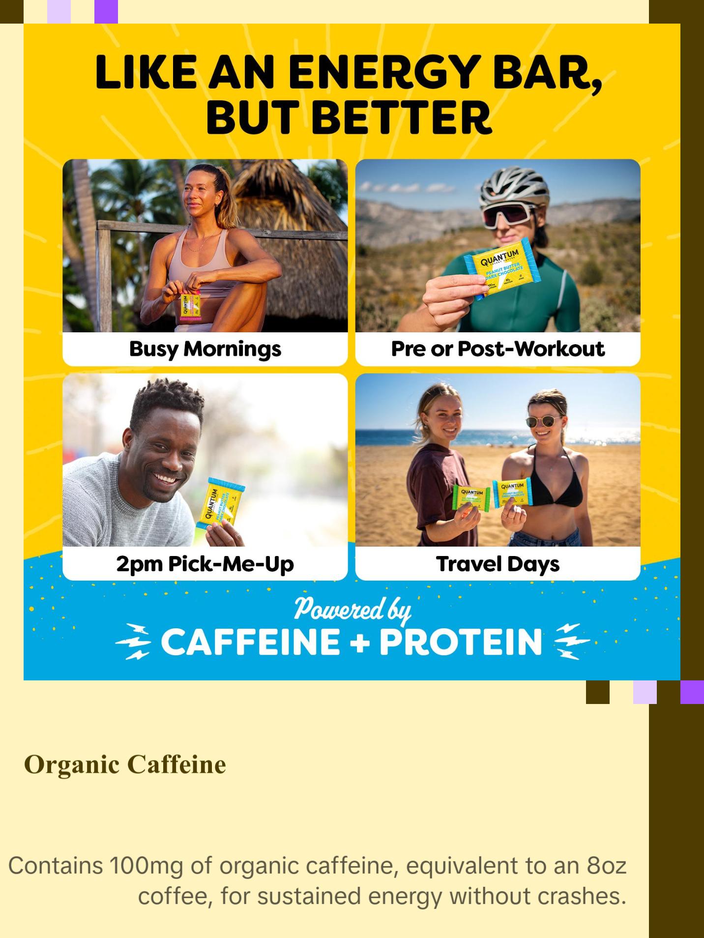 Quantum Energy Square Healthy Protein Energy Bars Salted Peanut Butter Crunch 8Pk Snack - Organic Caffeine with Balanced Macronutrients, 10g Plant-Based Protein, Vegan, Gluten-Free, Non-GMO