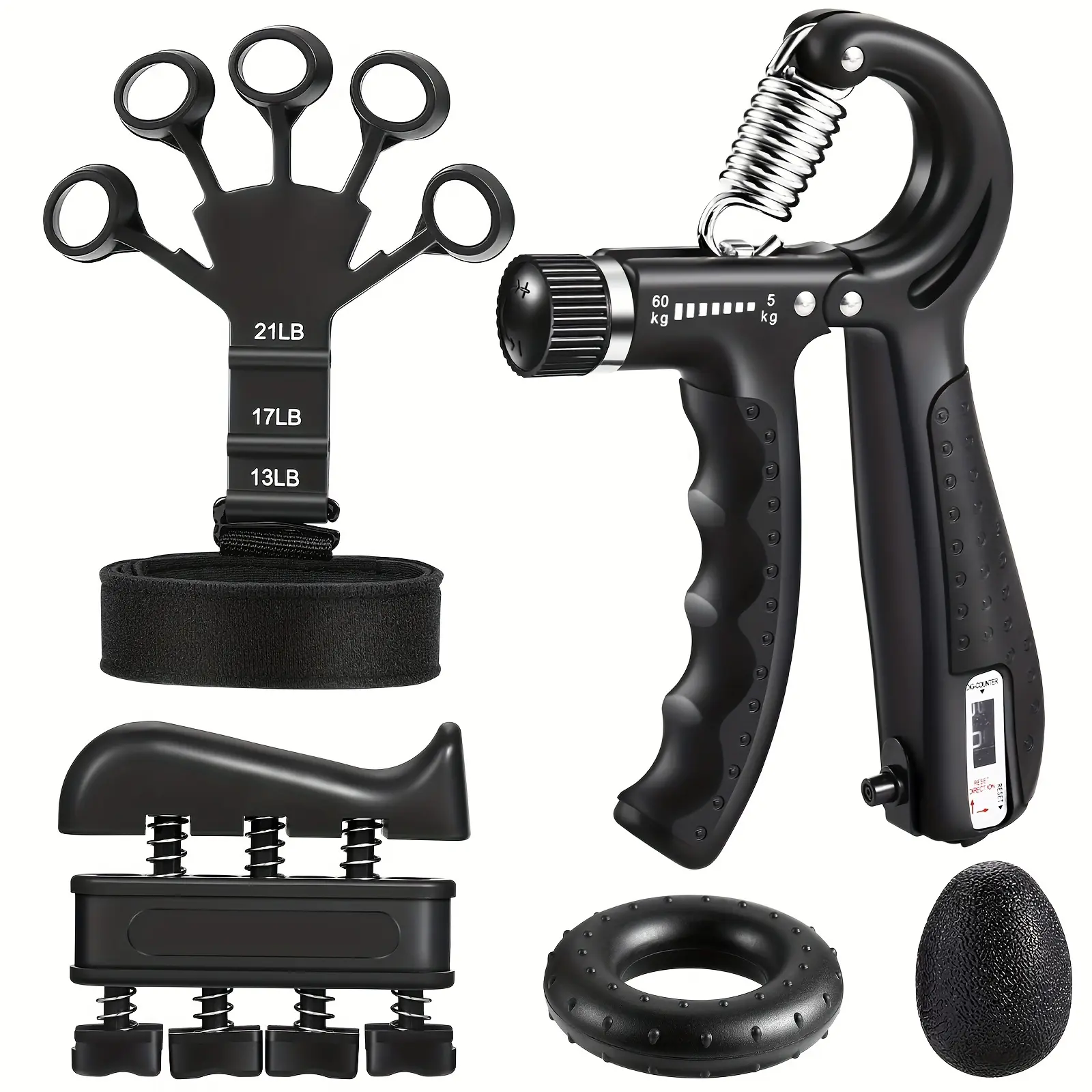 Grip Strength Trainer(5pcs) - Adjustable Forearm Strengthener, Finger Exerciser, Finger Stretcher, Forearm Workout Ring And Hand Exercise Ball - Grip Strengthener And Extensor Trainer for Any Sizes Hand & Finger