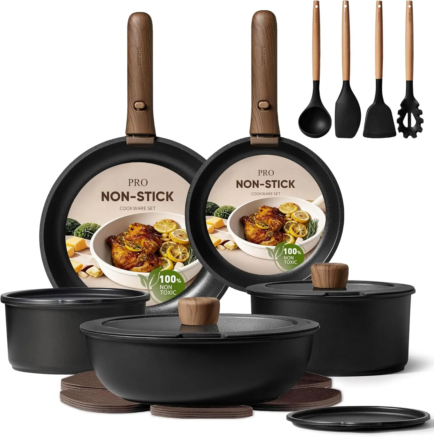 [Official]CAROTE 19/22/26pcs Pots and Pans Non Stick, Wooden Detachable Handle, Cookware Sets Induction Kitchen Pots and Pans,NonStick Cooking Set, Oven/Dishwasher/Fridge Safe, Space Saving