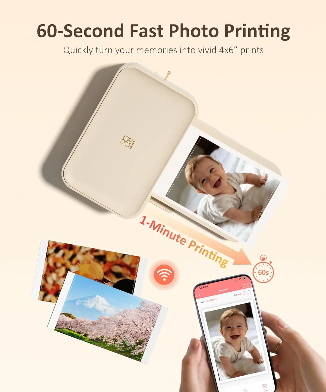 HPRT CP4100 4x6 Photo Printer (Includes 20 Sheets + 1 Ink Cartridge) — Full-Color Dye-Sublimation Wi-Fi Printing, Portable Instant Photo Printer for iPhone/Android, Features AR Video & Fun App Functions, Ideal for Home Use — Beige