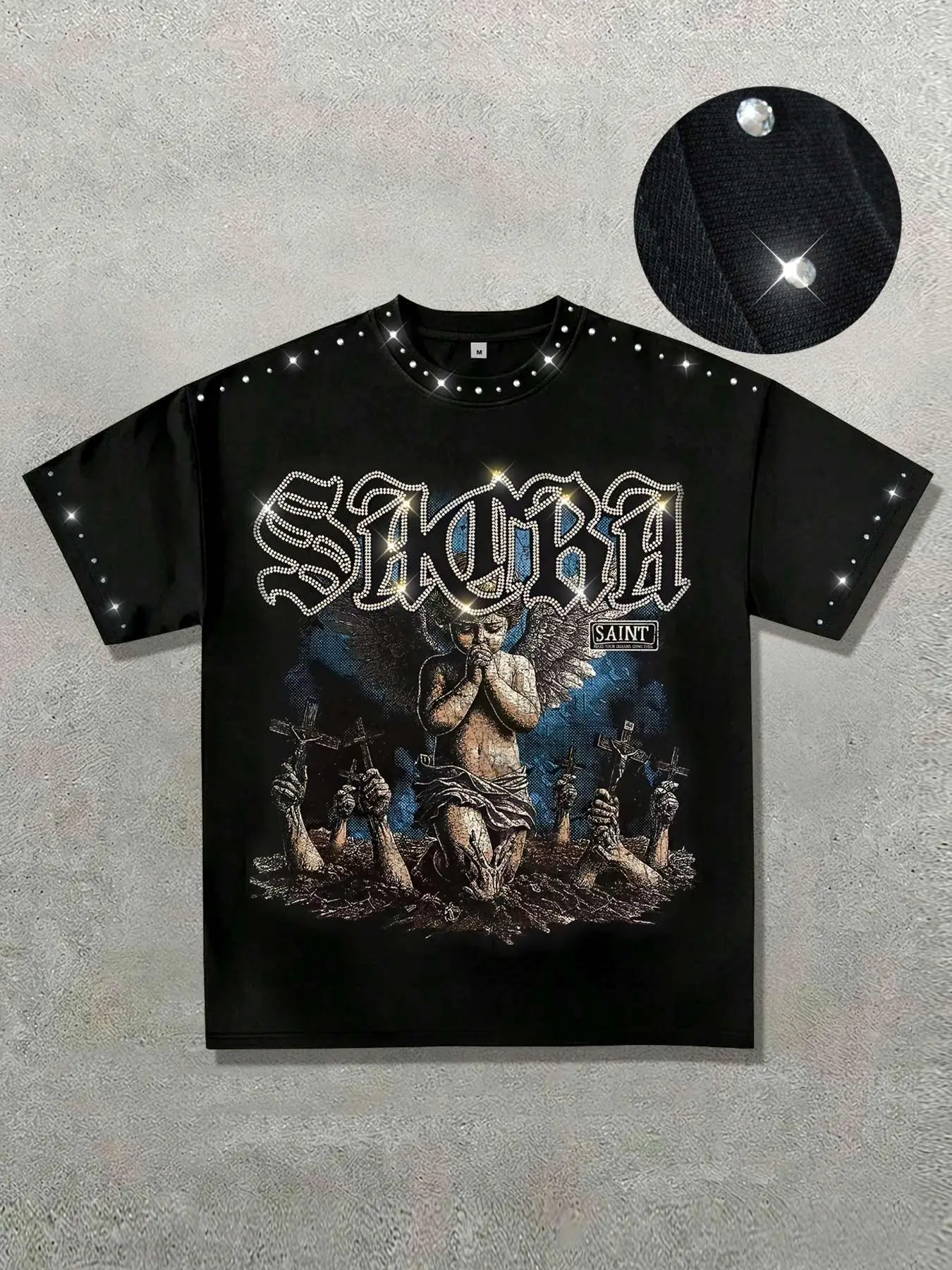 Men's Blessed Rhinestone-Collar Cotton T-Shirt, Fashion Dark Angel Graphic Print Round-Neck Top, Casual Streetwear, Vintage Retro Style Short-Sleeve Shirt, Casual Graphic Tee