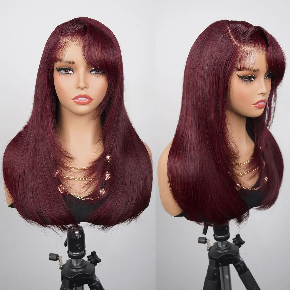 [Limited Deal] OQ HAIR Burgundy 99J Color Layered Straight Wig 220% Density Side Part Swept Bangs Pre-Cut 9x6 Lace Drawstring Wear Go Glueless Wig