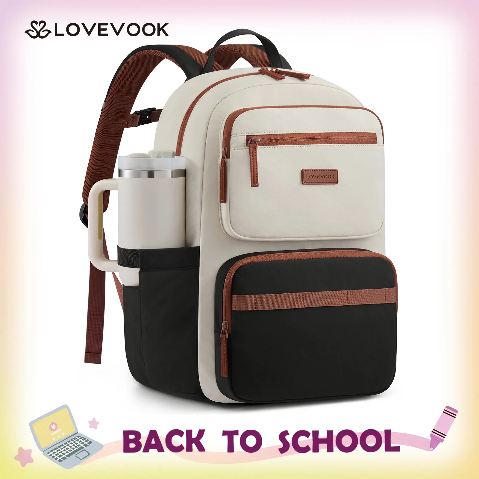 LOVEVOOK Laptop Backpack for Women, School Backpack for Teen Girls with Large Cup Holder, Lightweight Bookbag for College,Work,Travel fits 15.6 Inch Laptop, TikTokShopBackToSchool