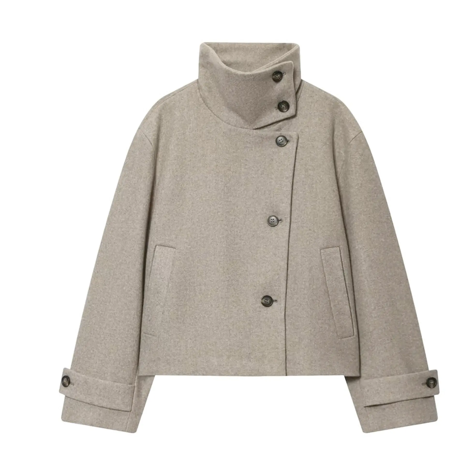 Hixiaohe Women's Chic Funnel Collar Pea Coat - Long Sleeve, Single Breasted, Winter Warm Trench Jacket with Premium Fabric, Stylish Outwear for Sweater Pairing, Sweaters, Style, Cropped, Drape, Elegant, Short, Button, Casual, Dress, Pockets