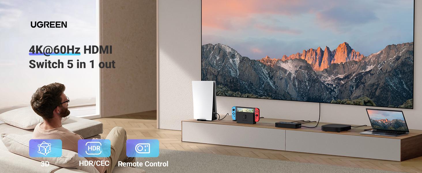 UGREEN HDMI Switch 5 in 1 Out 4K 60Hz HDMI Splitter with Remote Control, 5 Port Switcher Selector Box Support 3D CEC HDR HDCP2.2 Compatible with PS5/4/3 Xbox Nintendo Switch Roku TV Fire Stick Black,September Restock