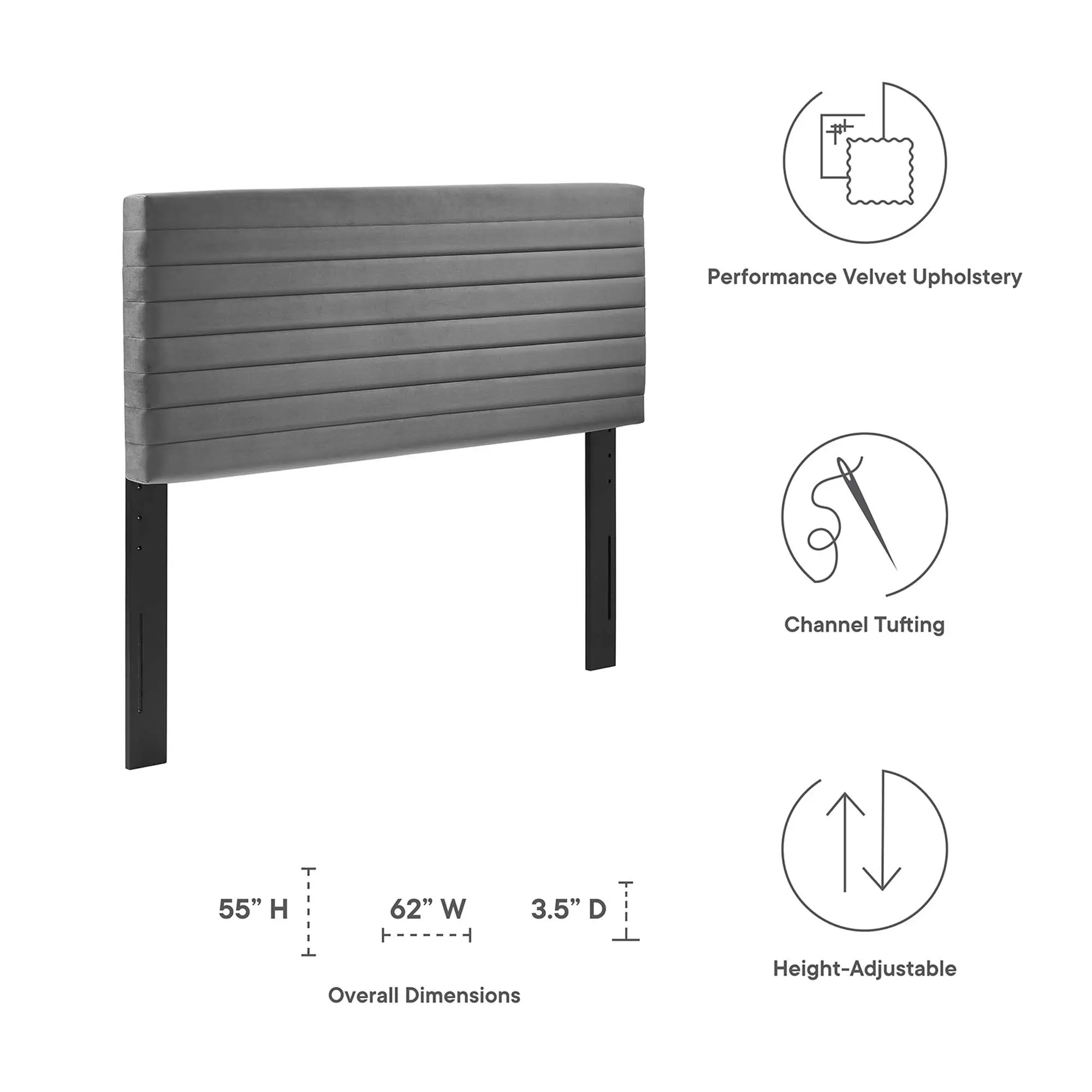Modway Tranquil Rectangular Art Deco Headboard - Velvet Channel Tufted, Padded Foam, Height Adjustable, Mid-Century Full/Queen Size, Indoor Bedroom Decor Furniture, Bedroom Furniture, Headboards