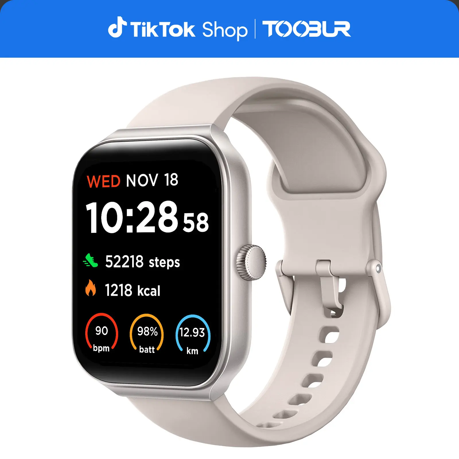 TOOBUR 1.95" LCD Screen Smart Watch - BT Calling Device with Voice Control, Music Player, Sleep Tracking, IP68 Waterproof, Step/Calorie Tracker, 100 Sports Modes, Batteries Compatible with iOS/Android (Beige, Wearable Tech for Adults)