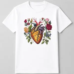 Floral Heart Graphic Tee - Anatomical Human Heart Shirt