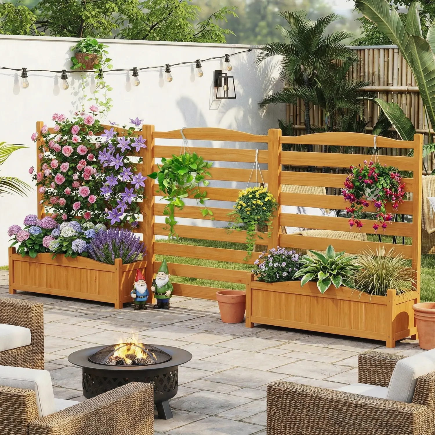 Spaco Fir Wood Privacy Fence with Built-In Planters - 3-Panel, Wooden Privacy Screen, Water Resistant, Drain-Safe Planting, Shape Your Layout, Freestanding Modular Expandable, Climbing Plant Support, Stable Yellow Outdoor Garden Decor