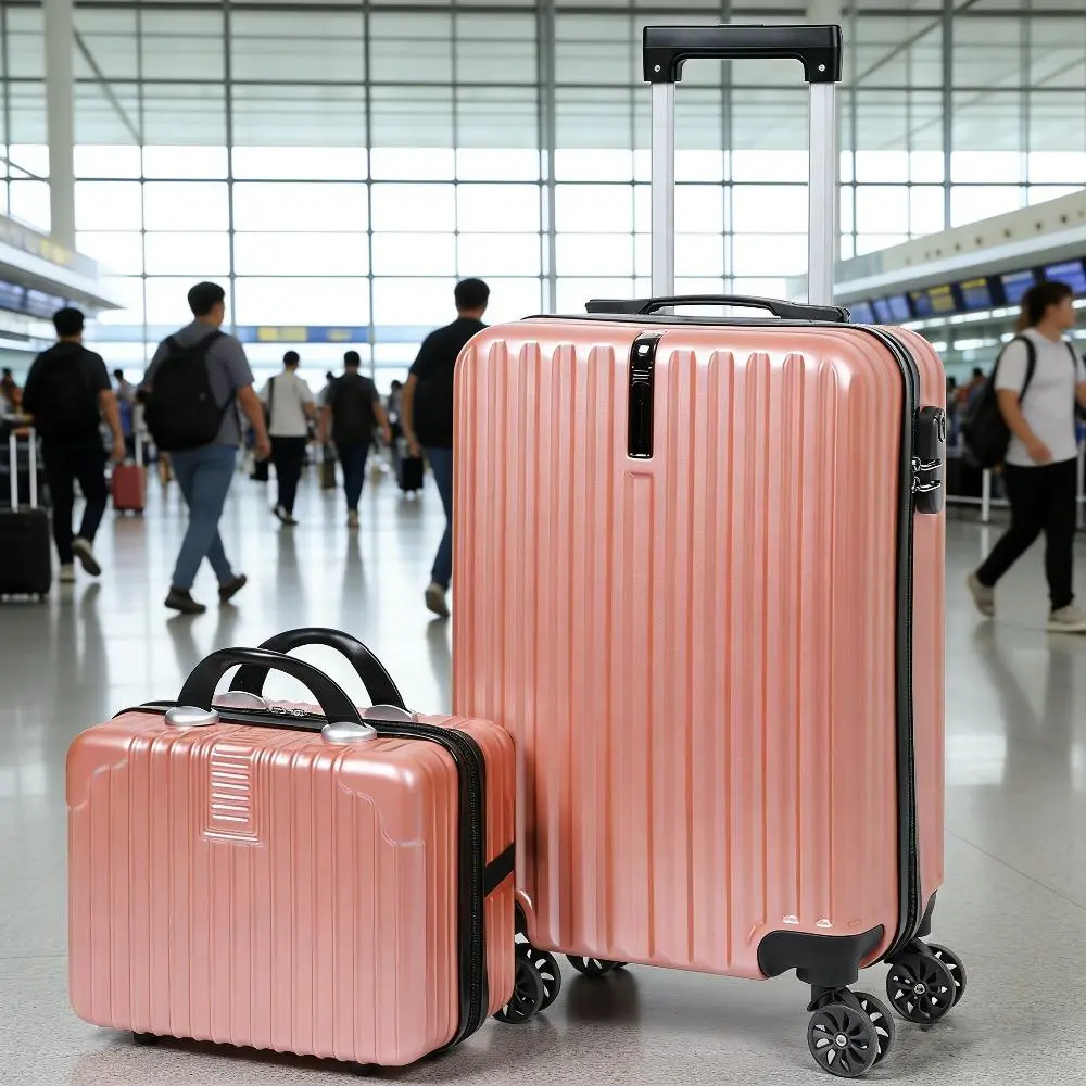 Women's Rose Gold Ribbed 2-Piece Hard-Shell Luggage Sets - 20in Carry-On Main Suitcase with 14in Cosmetic Case, Silent Wheels for Travel Gifts & Party Supplies