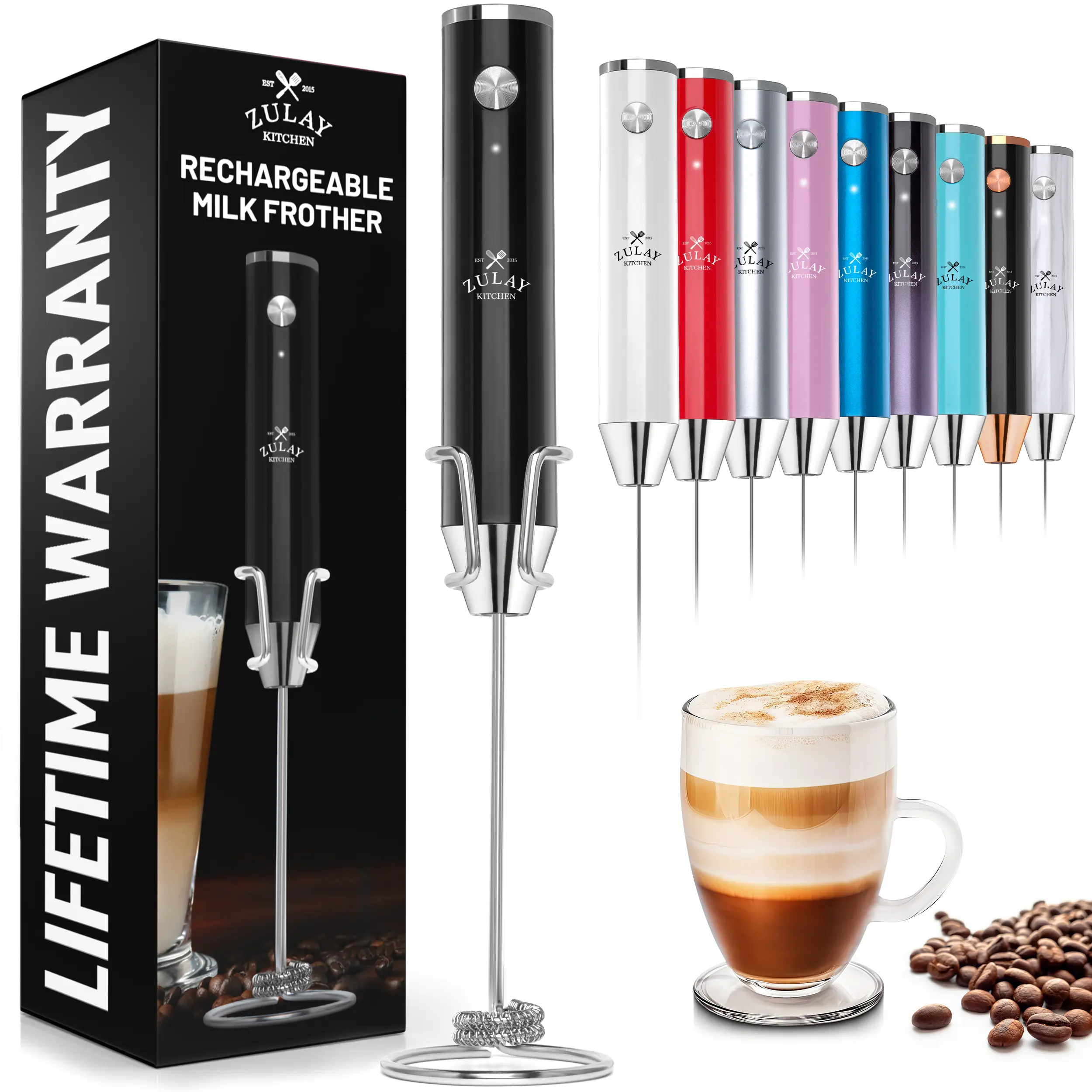 Zulay Kitchen Lux Rechargeable Milk Frother Handheld - Powerful 2-Speed Motor, Fully Waterproof, 2000mAh Battery - Drink Mixer For Latte, Cappuccino, Matcha, Protein Powder - Black