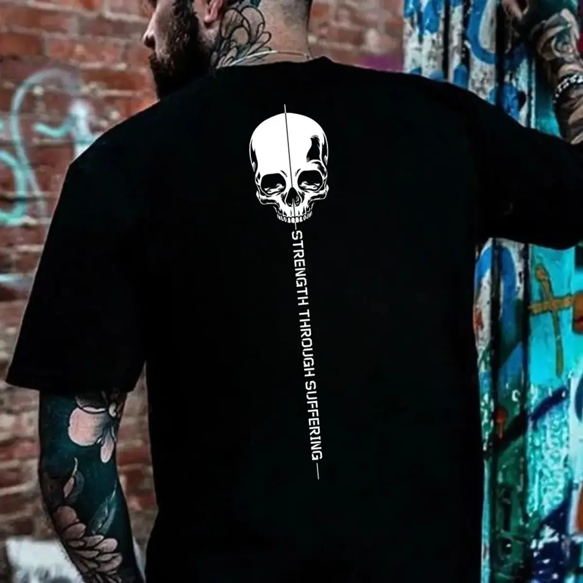 Strength Through Suffering Hoodie Skull Vertical Graphic, Dark Aesthetic Skull Sweatshirt, Motivational Streetwear Shirt, Unisex Sweater Pullover Tee