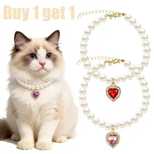 2-Pack Adjustable Pearl Cat Collars with Heart Rhinestone - Cute Pet Necklace for Adorable Cat Collar Decoration, Small Dog Pet Accessories, Promotional Offer.