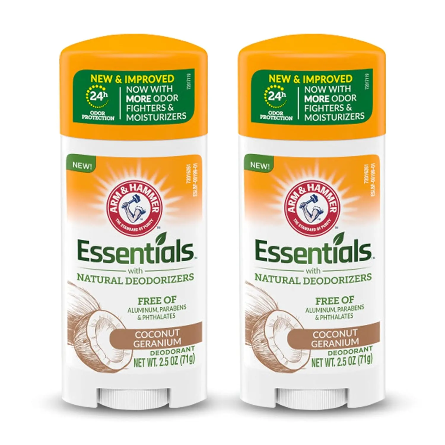 ARM & HAMMER Essentials Natural Deodorant, Plant Based with Coconut Geranium Scent, Aluminum, Paraben & Phthalate-Free Body Care, 2.5 oz (Pack of 2), Arm And Hammer, Aluminum Free, Youth, Multi-Pack, Odor Control, All Skin Types, 71Ml, Lavender, Paraben‑F