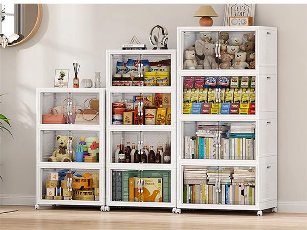 Broview V20 300QT/400QT/640QT Extra Large Stackable Storage Bins, Clear Plastic Closet Organizer Cabinet with Lid and Wheels, Collapsible Latch Boxes Folding Drawer with Door for Home Kitchen Room Organization