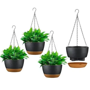 4Pcs Hanging Planter with 9.64In Diameter Drainage Holes Removable Self-Watering Tray Plastic Hanging Flower Plant Pots For Indoor Outdoor Herb Ivy Fern