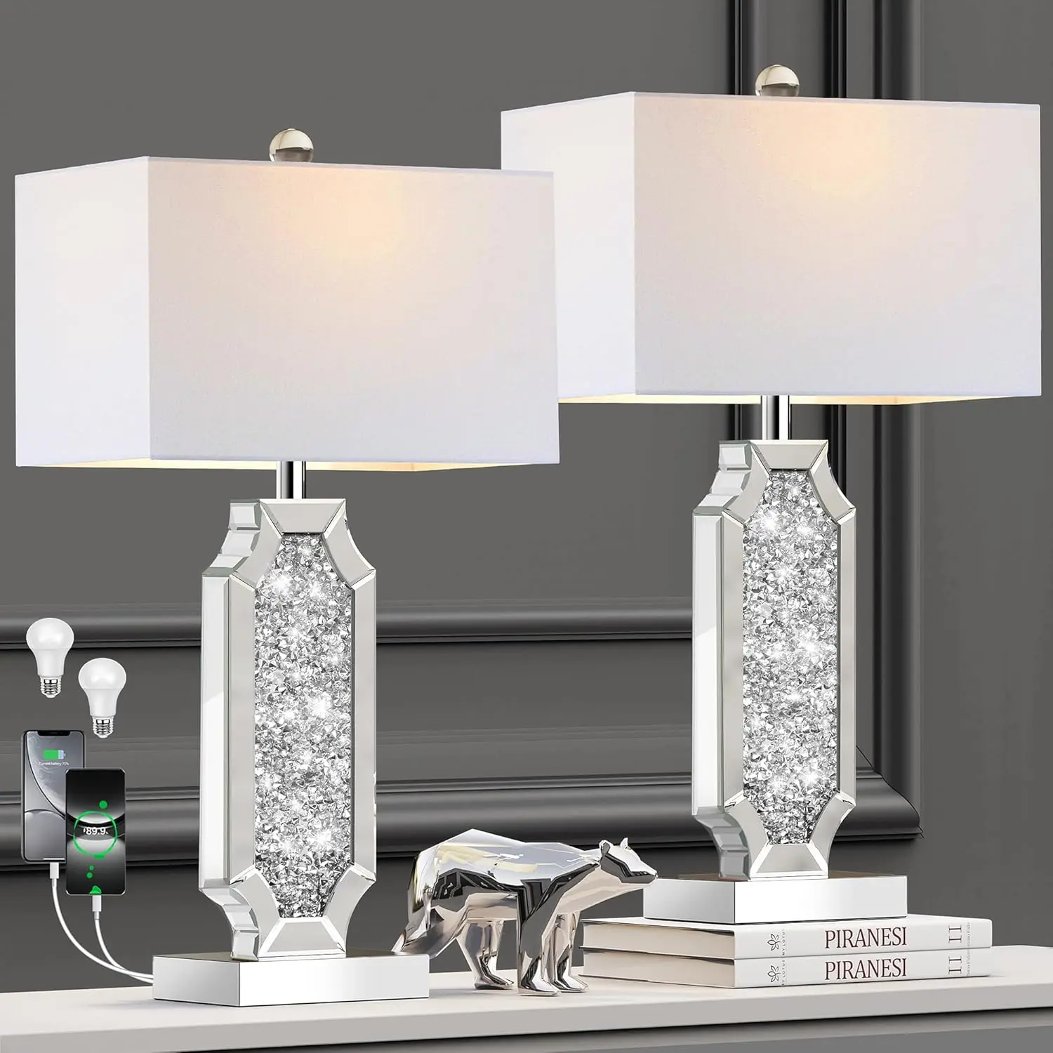 3-Way Dimmable Touch Diamond Crushed Mirrored Bedside Table Lamps Set of 2 for Living Room with USB A+C Ports,Tall Silver Modern Bling Nightstands Lamps for Bedroom with 2 Bulbs (Silver)
