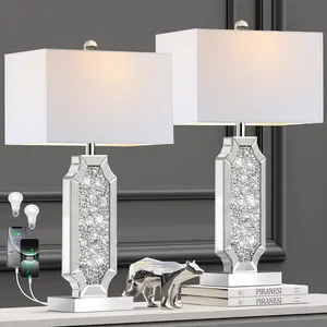 3-Way Dimmable Touch Diamond Crushed Mirrored Bedside Table Lamps Set of 2 for Living Room with USB A+C Ports,Tall Silver Modern Bling Nightstands Lamps for Bedroom with 2 Bulbs (Silver)