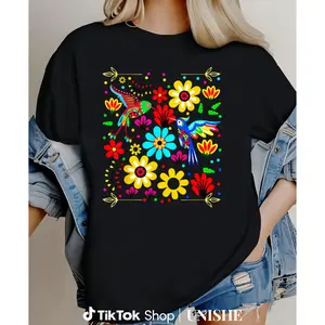 Mexicano Floral Bird Otomi T-Shirt – Pure Cotton, Traditional Mexican Design
