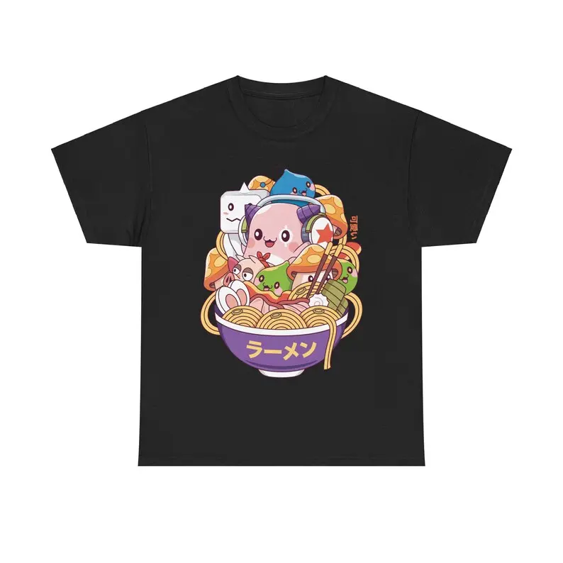 Menswear Casual Round Neck Short-Sleeve Top, MapleStory Pink Bean Kawaii Ramen Graphic T-Shirt, Cute Anime Monster Bowl Noodles Japanese Food Aesthetic Streetwear Merch