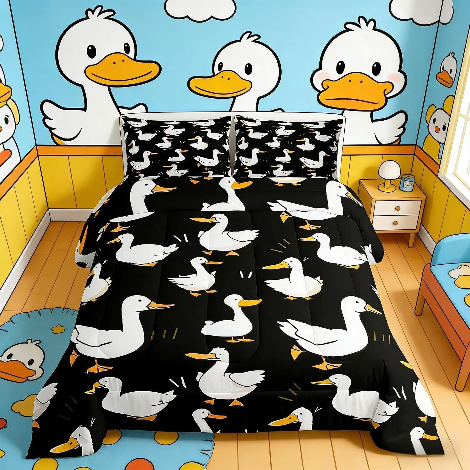 Cute Duck Comforter Set,Cartoon Farmhouse Livestock Animal Bedding Set for Women Adult,Kawaii Goose Hand Drawn Black Luxury Bed Duvet Insert,Pillowcases