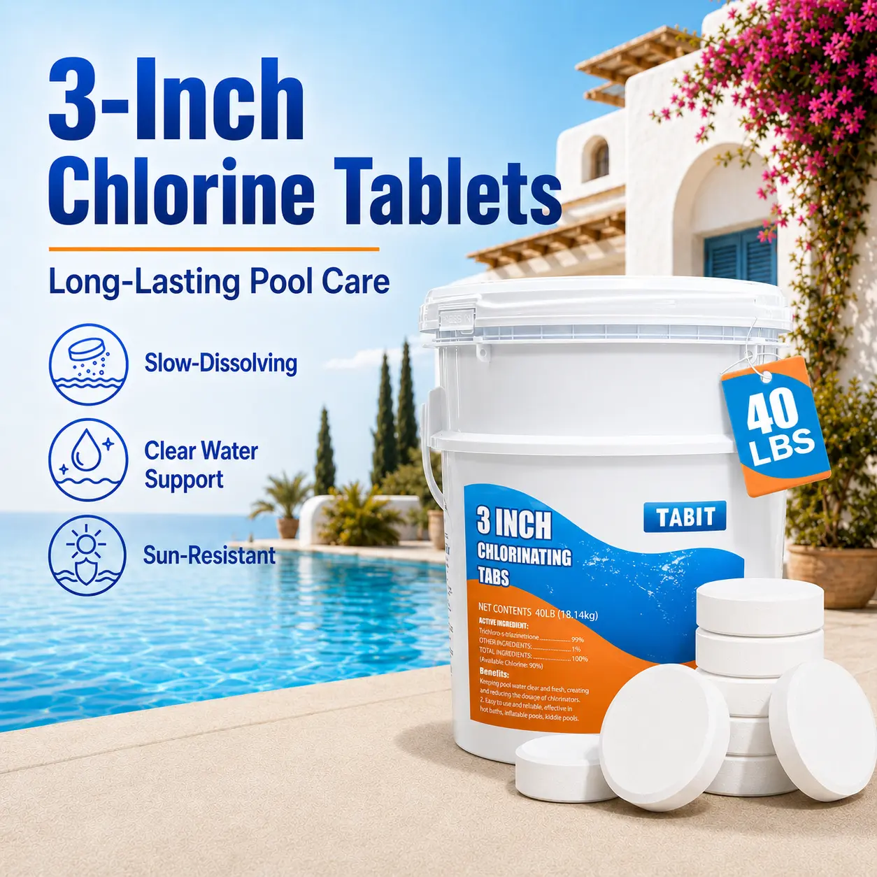 【40 lbs】TABIT 3 Chlorine Tabs, 3 Inch Chlorinating Tablets 40 lbs for Swimming Pool, Spa and Hot Tub, Slow Dissolving Algae Disinfection Chemical Sanitization Supplies Organic Buildup Maintenance