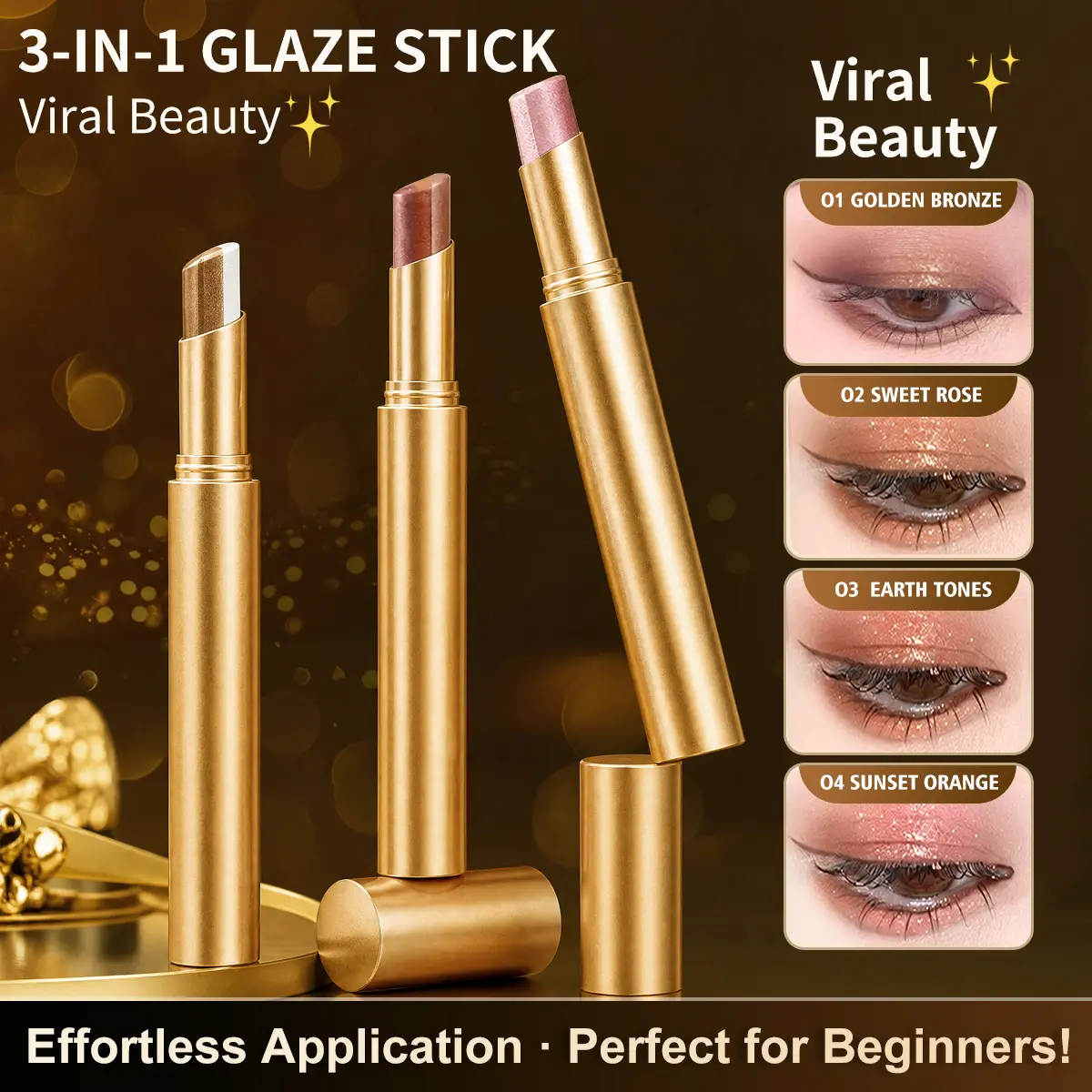 Buy 1 Get 3 Free!3-Color Eyeshadow Stick Gradient, Waterproof Long Lasting Creamy Shimmer Eye Shadow, Portable Smudge-Proof Glitter Makeup for Women, Day to Night (Fine Shimmer Brownish Orange)