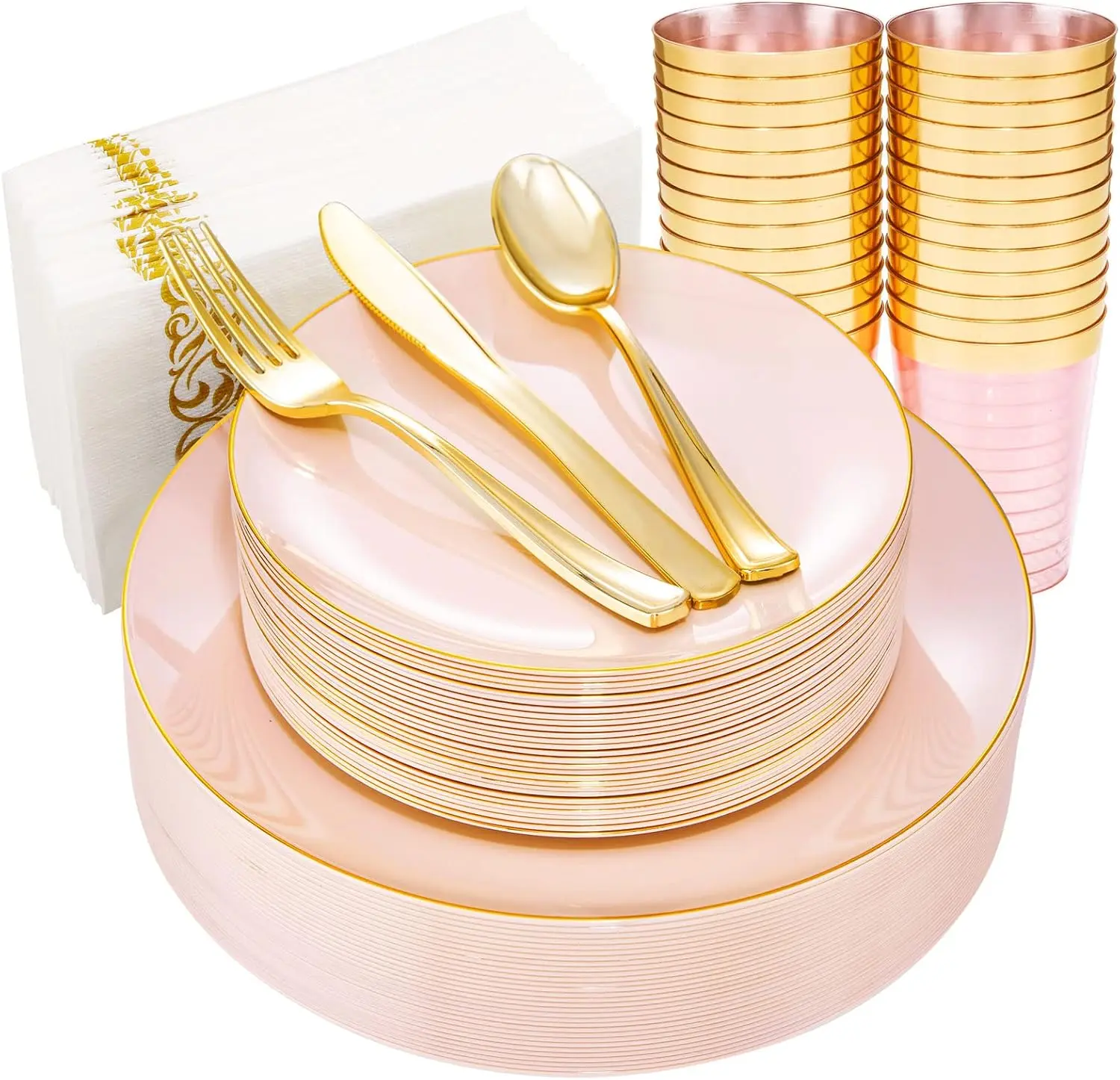210Pcs Plastic Pink Plates with Gold Plastic Silverware Set Include 30Pink Dinner & 30 Dessert Plates, 90Gold Cutlery, 30Gold Cups, 30Napkins, Pink Dinnerware for Valentines&Mother's Day, Gift, Disposable, Knives, Hand, Valentine’s Day, Includes Cutlery,