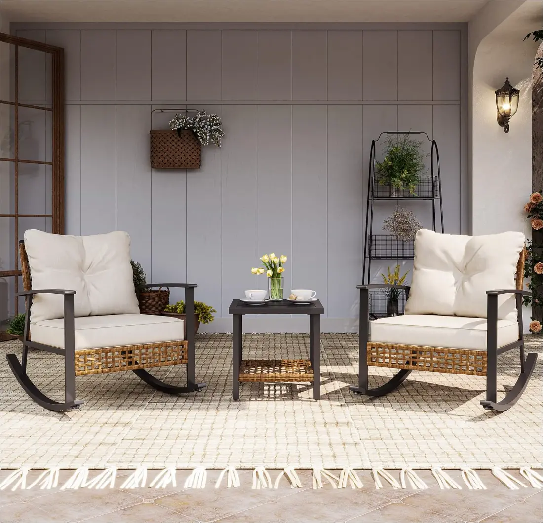 LAUSAINT HOME 3-Piece Rocking Bistro Set, Outdoor Patio Furniture with Thick Cushions and 2-Tier Coffee Table, Oversize Rattan Conversation Set for Garden, Balcony, Backyard (Beige)，summerwins,outdoorfurnitureset,home decor,camping essentials
