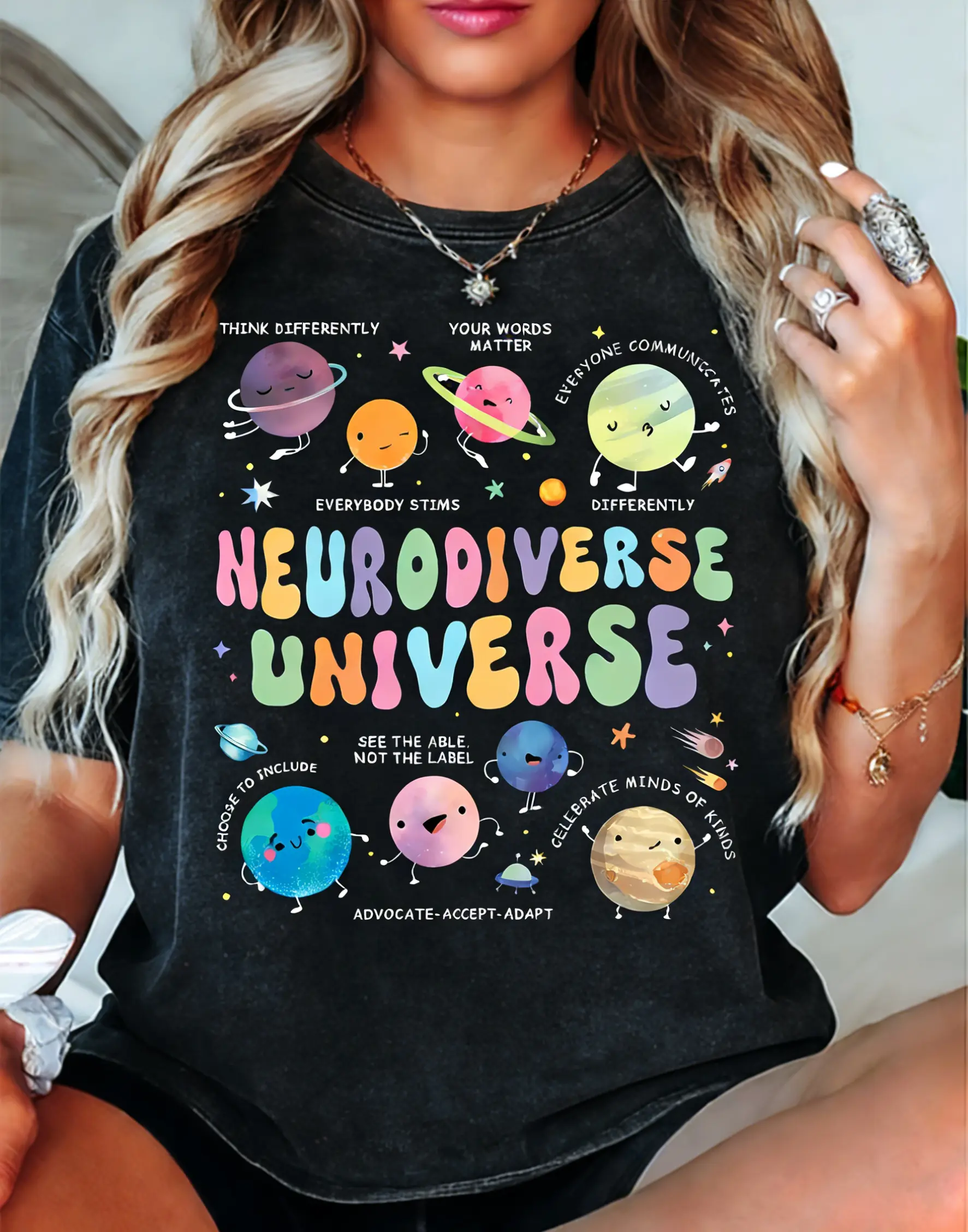 Graphic T-shirt or Hoodie for Women, Vintage Crewneck with Neurodiverse Universe Cosmic Print, Casual Everyday Wear Piece, Teacher Gift, Tshirt, Shortsleeve, Loose, Printed, Top, Planets