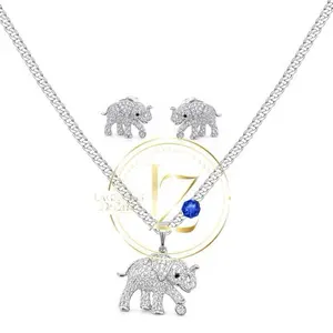 COD#2048  Elephant set of pendant and earrings with a Cuban chain in silver plated 4 mm and 20 inches long