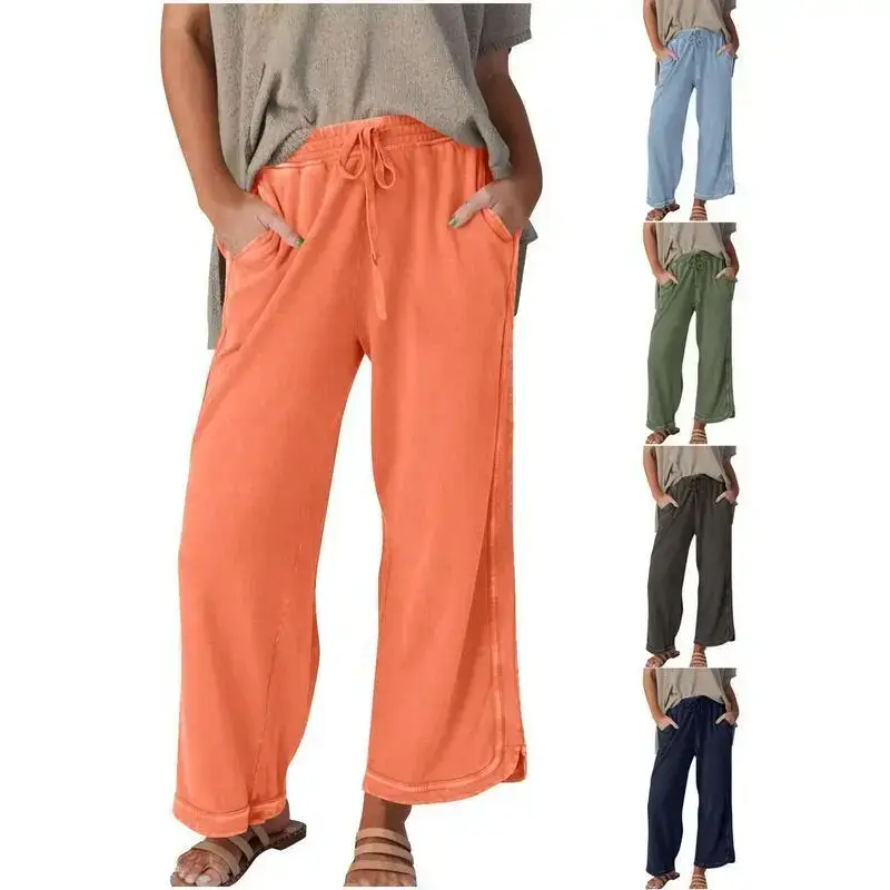 Women's Chic Fashion Cotton High-Waist Casual Wide-Leg Sweatpants, Adjustable Drawstring Baggy Acid-Wash Athletic Bottoms with Pockets, Basic, Simple