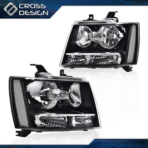 CROSSDESIGN Fit For 2007-2014 Chevy Avalanche/Suburban/Tahoe Black Headlights HeadLamps Pair