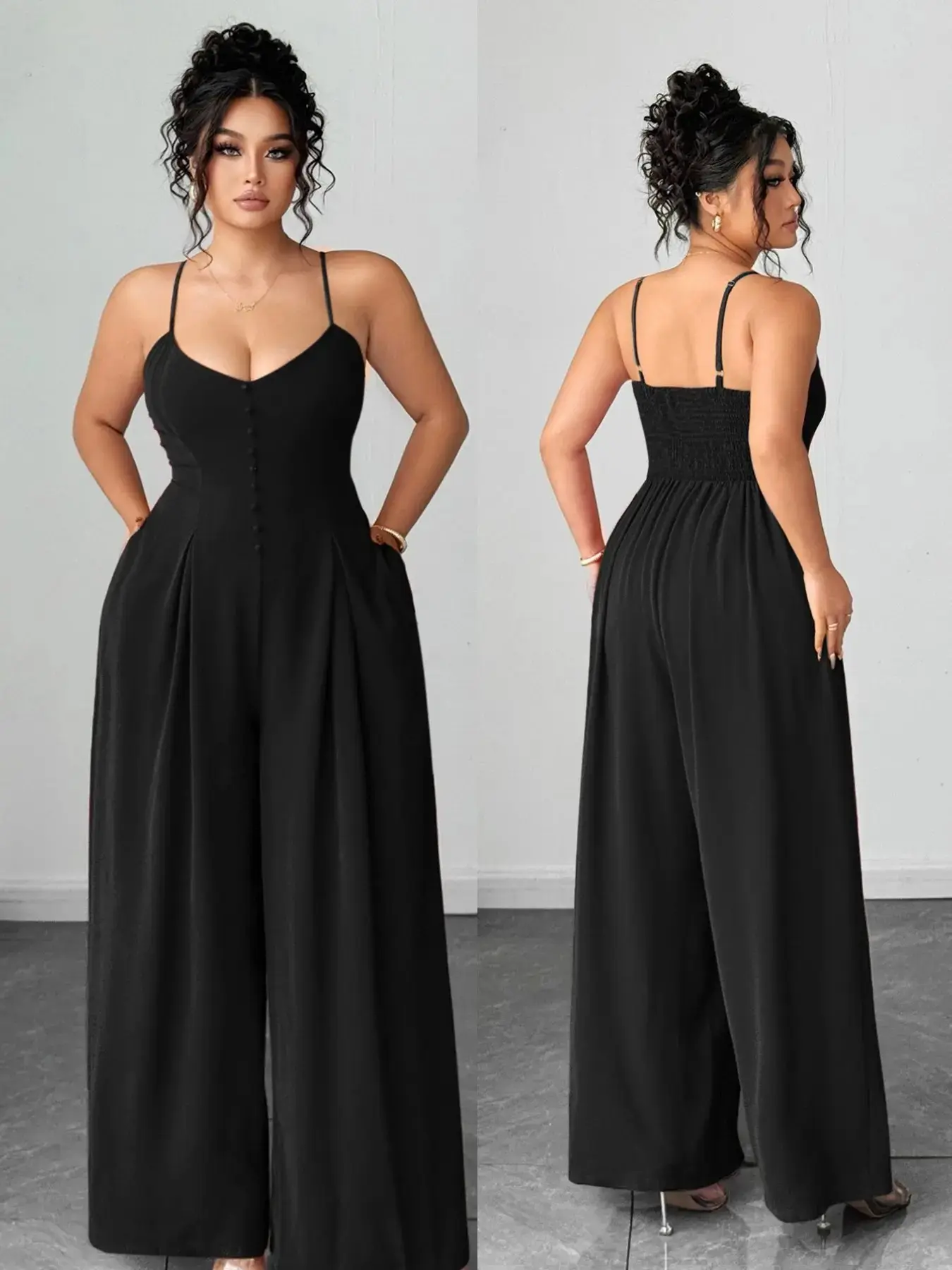 Chic Solid Color Jumpsuit for Women, Fitted Cut with a Pleated Waist, Wide-Leg Silhouette with Buttoned Straps and Pockets, Machine Wash