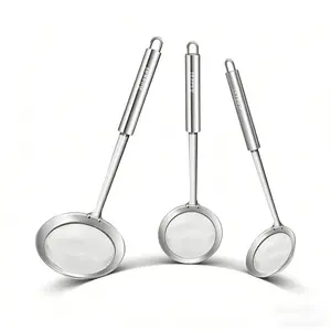 Stainless Steel Fat Separator Spoon - 3-Piece Professional Kitchen Fine Mesh Food Strainer and Long-Handled Hot Pot Separator for Separating, Cooking, Frying, Grease, Gravy, and Foam (3“ + 4” + 4.7")