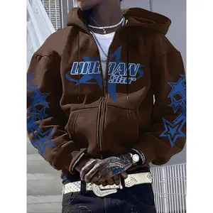 Vintage Y2K Style Zipper Hoodie Jacket, Unisex Casual Fitted Design, Letter & Star Print, Fall Winter Fashion Outerwear