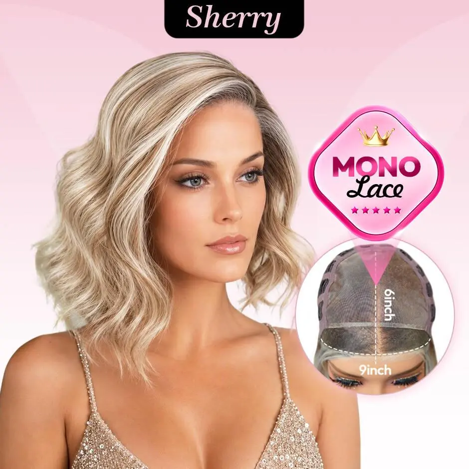 [Sherry] VSIGN Mono Top Short Wave Ash Honey Blonde Highlight Scandinavian Hairline 9×6 Full Monofilament Lace Hand Tied Top Wig Bendy Ear Tabs Velcro Adjustment Air Cap Glueless Lace Front Wig Synthetic Heat Resistant Fiber Summer Vibes
