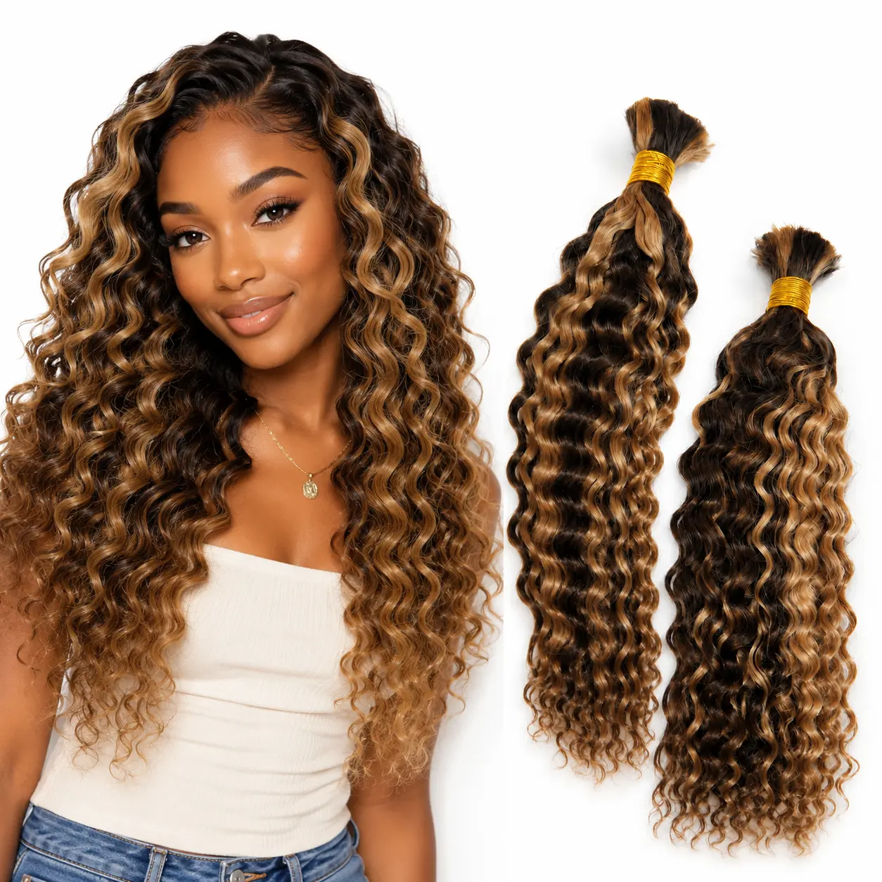 Flowerseason Hair #4/27 Highlight Burmese Curly Bulk Human Hair for Braiding, 100% Human Hair No Weft Honey Blonde Curly Extensions for Boho Braids, Knotless Braids, Goddess Braids and Bohemian Box Braids