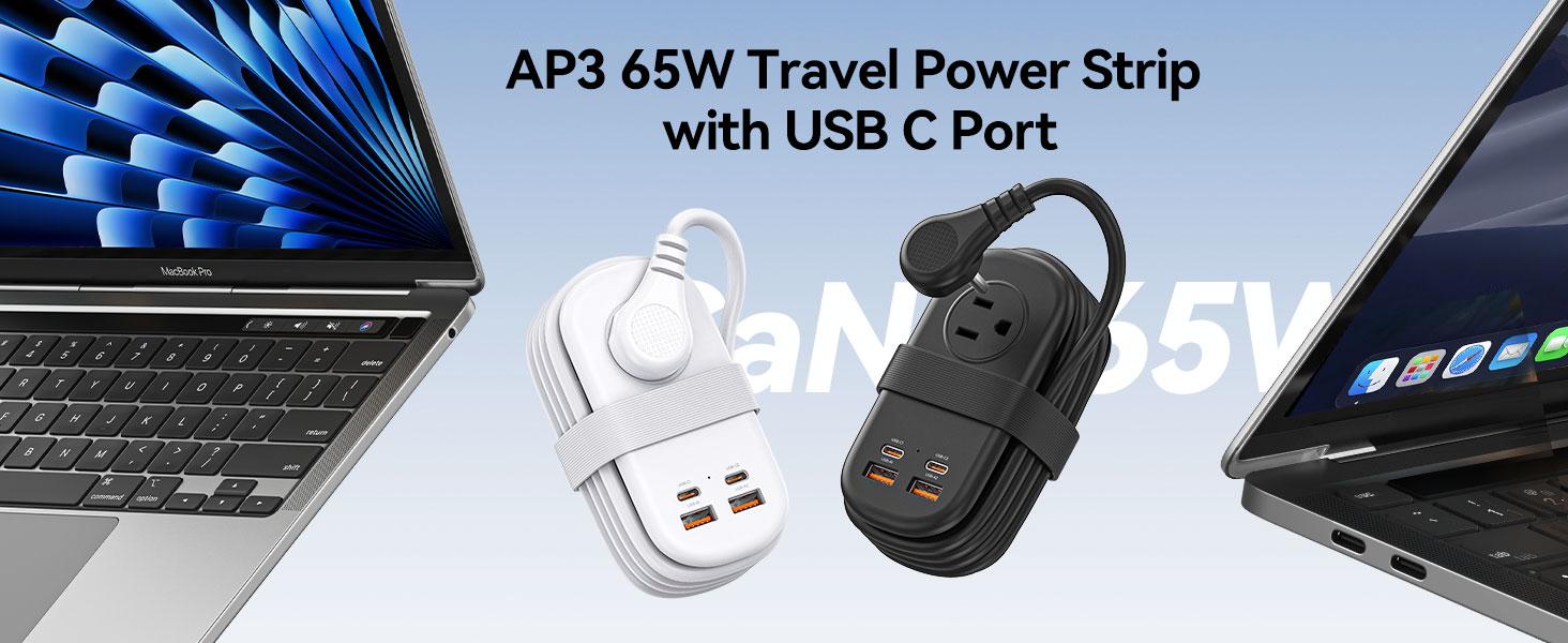 ORICO 7-in-1 Travel Power Strip, 3 AC Outlets + USB-C/USB-A Fast Charge (20W or 65W PD GaN), 4FT Wrapped Extension Cord, Flat Plug, Compact for Hotel, Dorm, Cruise, and MacBook/iPhone Devices - AP3 20W/65W ORICO 7-in-1 Travel Power Strip, 3 AC Outlets + USB-C/USB-A Fast Charge (20W or 65W PD GaN), 4FT Wrapped Extension Cord, Flat Plug, Compact for Hotel, Dorm, Cruise, and MacBook/iPhone Devices - AP3 20W/65W