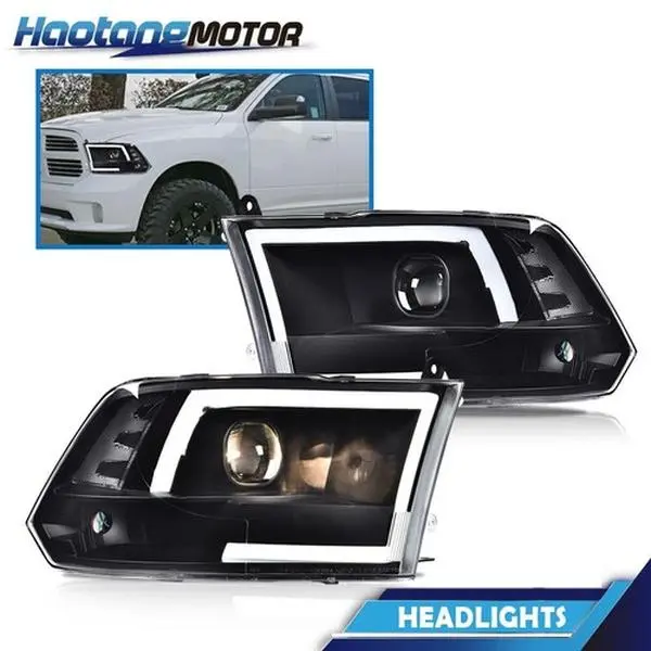 CROSSDESIGN Black LED Tube Projector Car Headlights, LED Headlight Assembly Fit For 09-12 Dodge Ram 1500, 2500, 3500, Led Front Lights