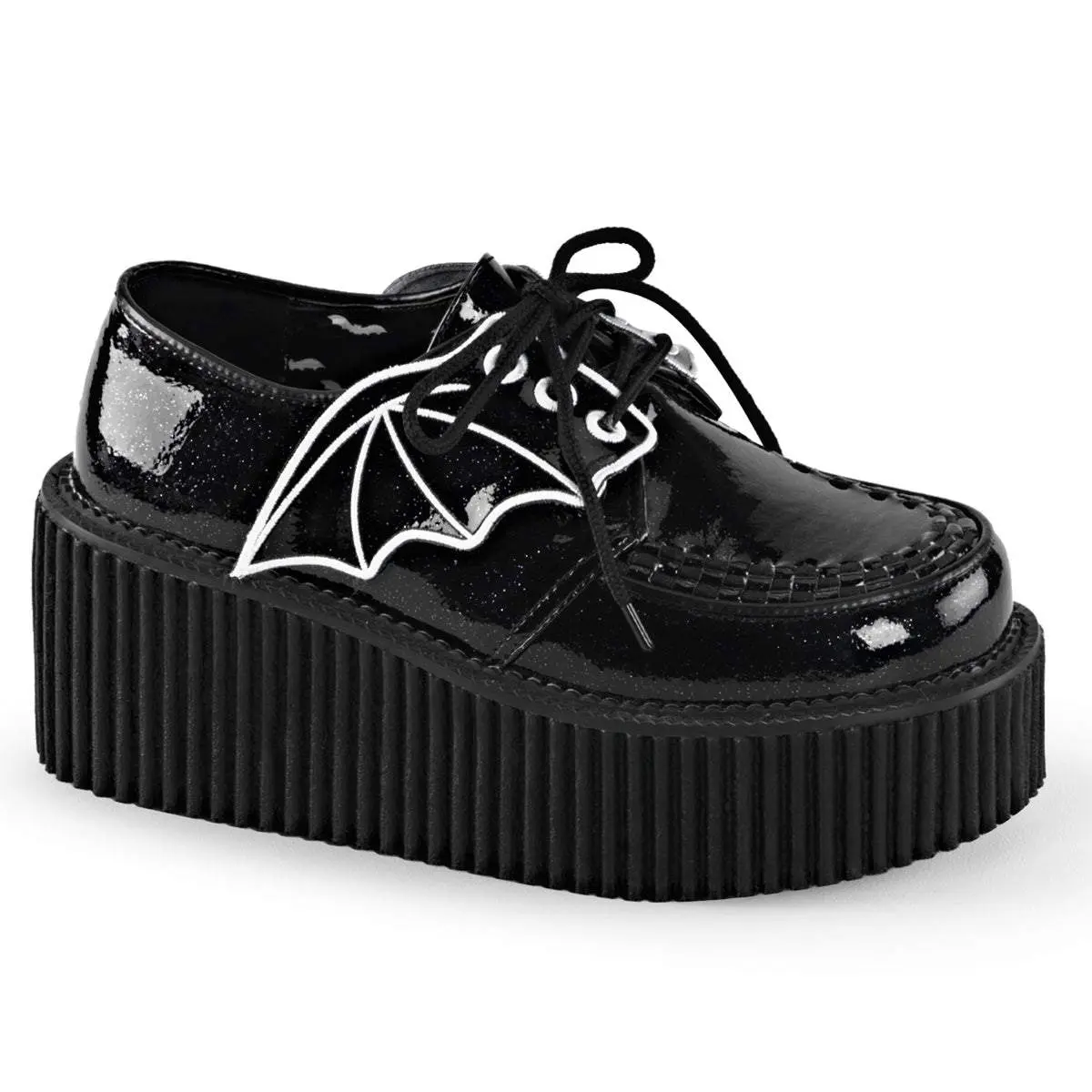 Women's Demonia Creeper-205: Black Glitter Vinyl Wedge Ankle Boots with Interwoven Piping Detail