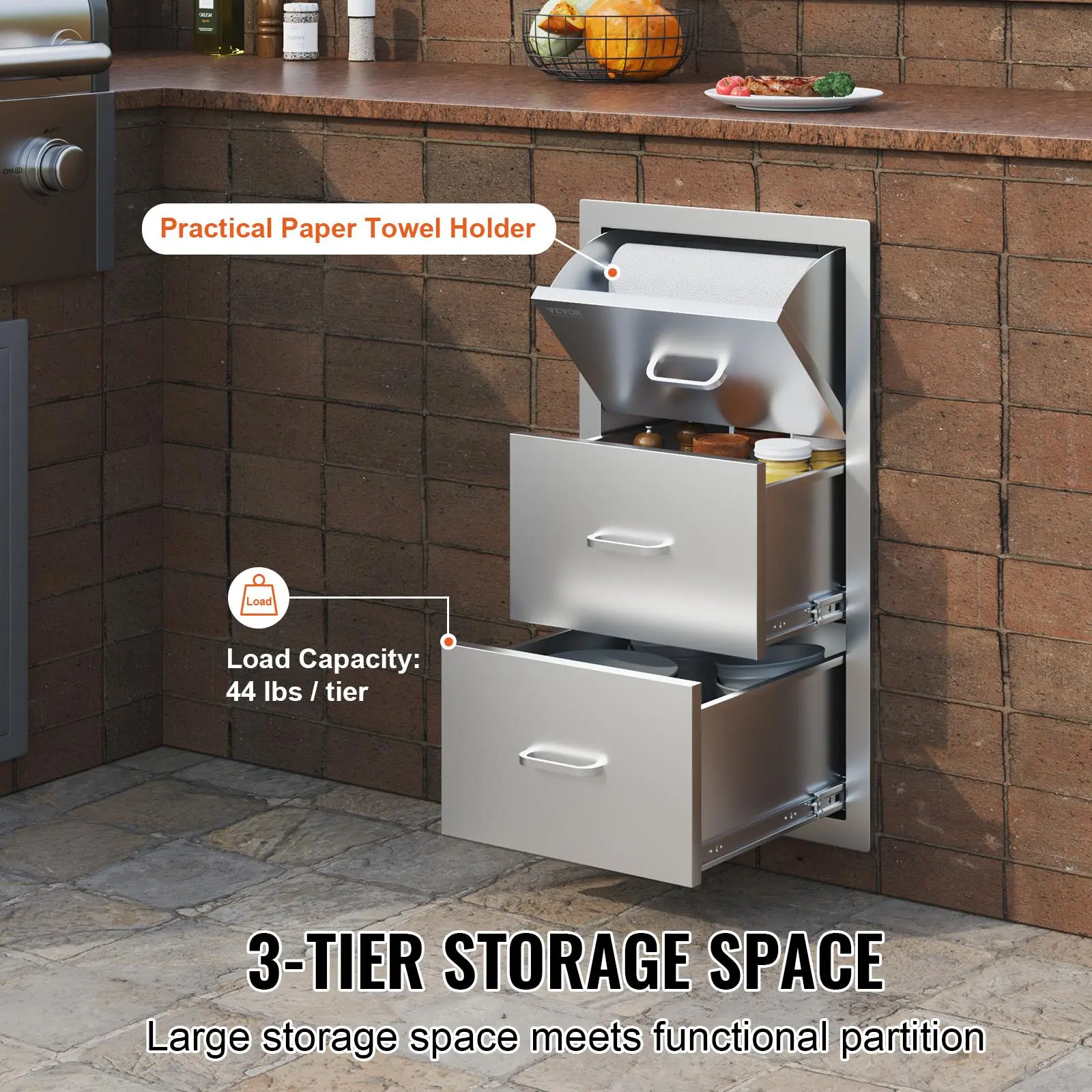 VEVOR Rectangular Outdoor Stainless Steel Double Drawers Storage Cabinet, 17Wx30Hx21D In, Waterproof Kitchen Storage Cabinet with Paper Towel Holder Combo, Easy Assembly for BBQ Island, Grill Station#BackToSchool