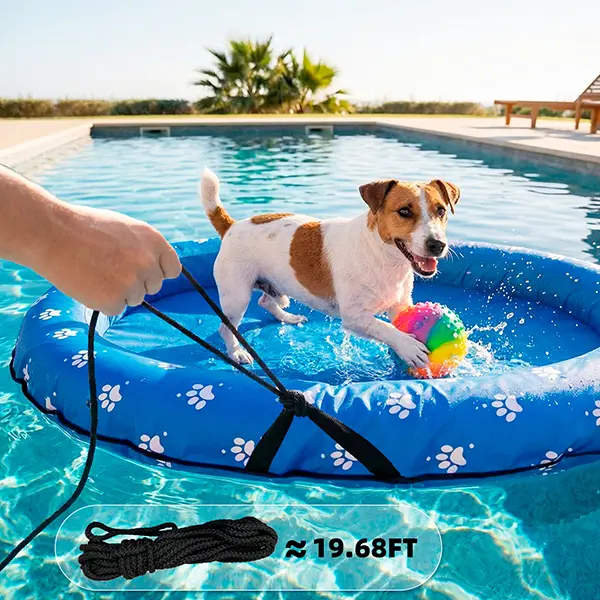 Dono Dog Blue Bone Inflatable Pool Float Raft - Sturdy Fabric Covering, Convenient Handle, Attached Rope, Water-Resistant Internal Valve, 19.68 ft Portable Cooling Toy for 0.75 kg-45 kg Pets, Puncture-Resistant Pool Floaties for Water Fun