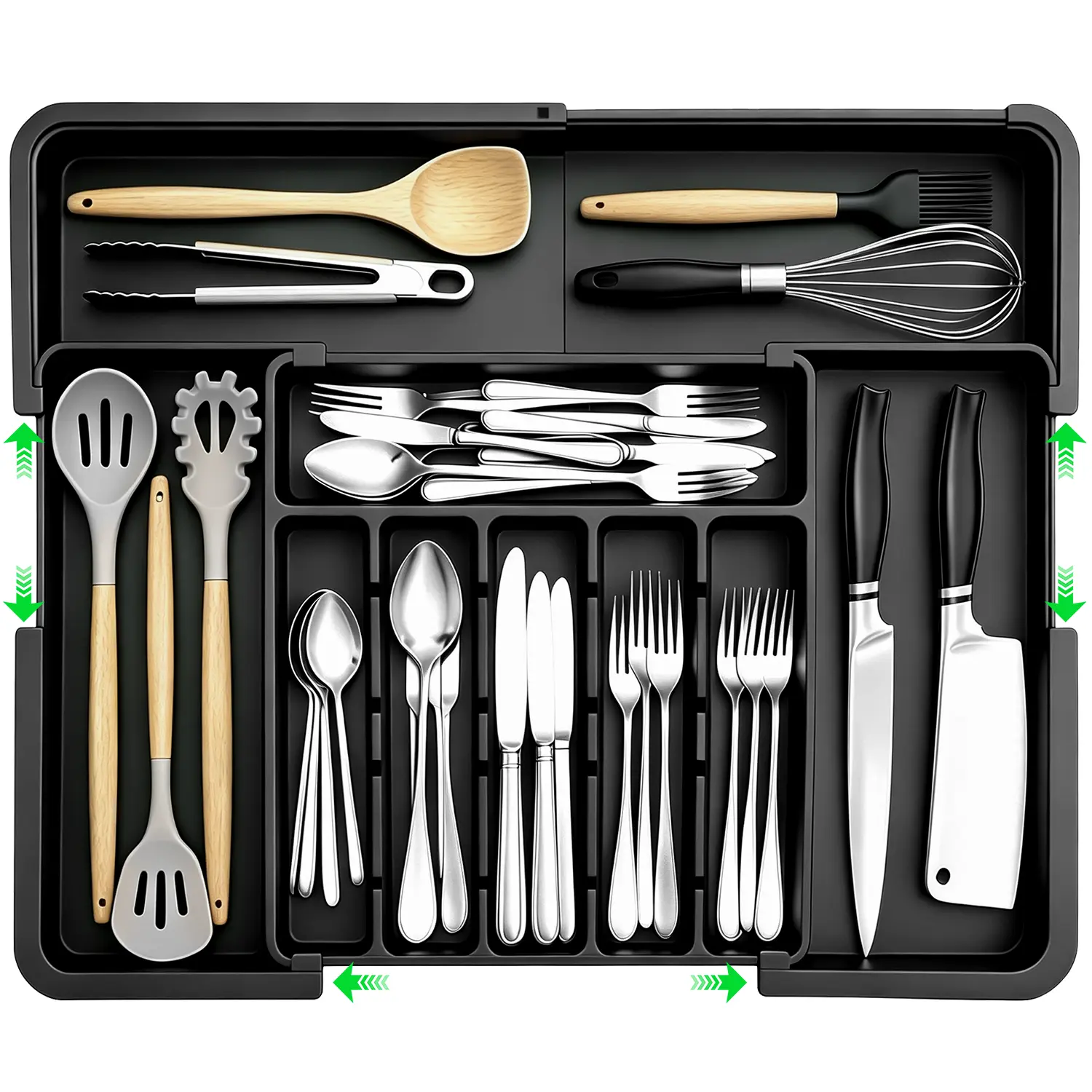 Expandable Black Cutlery Tray - 6-9 Compartments Adjustable Kitchen Drawer Utensil Organizer, Household Kitchen Tools for Everyday Use, Buckle-Equipped Gift for Kitchenware Enthusiasts