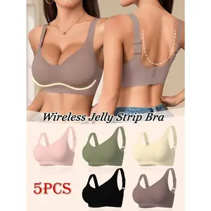 XJE-5-Pack Women'S Wireless Jelly Bras, Mature Style, Solid Color, Comfortable Breathable Knit Fabric, T-Shirt Bra with Removable Pads, Adjustable Straps, U-Back Design for Daily Wear Everyday Womenswear
