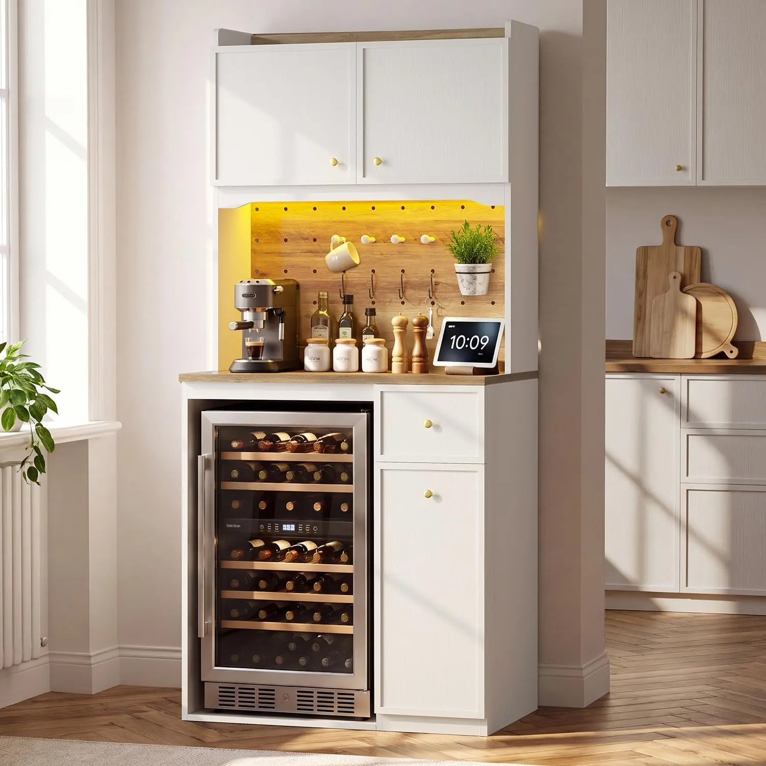 Hauoms 72" Tall All-in-1 Master Storage Coffee Bar Station - Bakers Rack with Mini Fridge Space, 2 AC Outlets, USB Port, LED Chasing Lights, 20.9"x21" Deep Countertop, 2 Double-Door Cabinets, 4 S-Hooks, 4 Shaker Pegs, Dorm Kitchen Hutch, Assembly Required