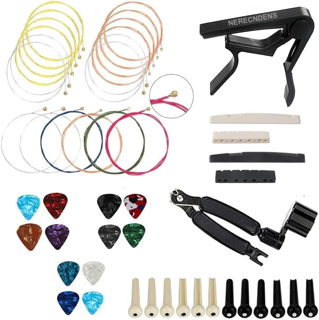 48PCS Acoustic Guitar Accessories Kit, Including Strings, Picks, Capo, String Winder, Bridge Pins, for Guitar Players and Beginners